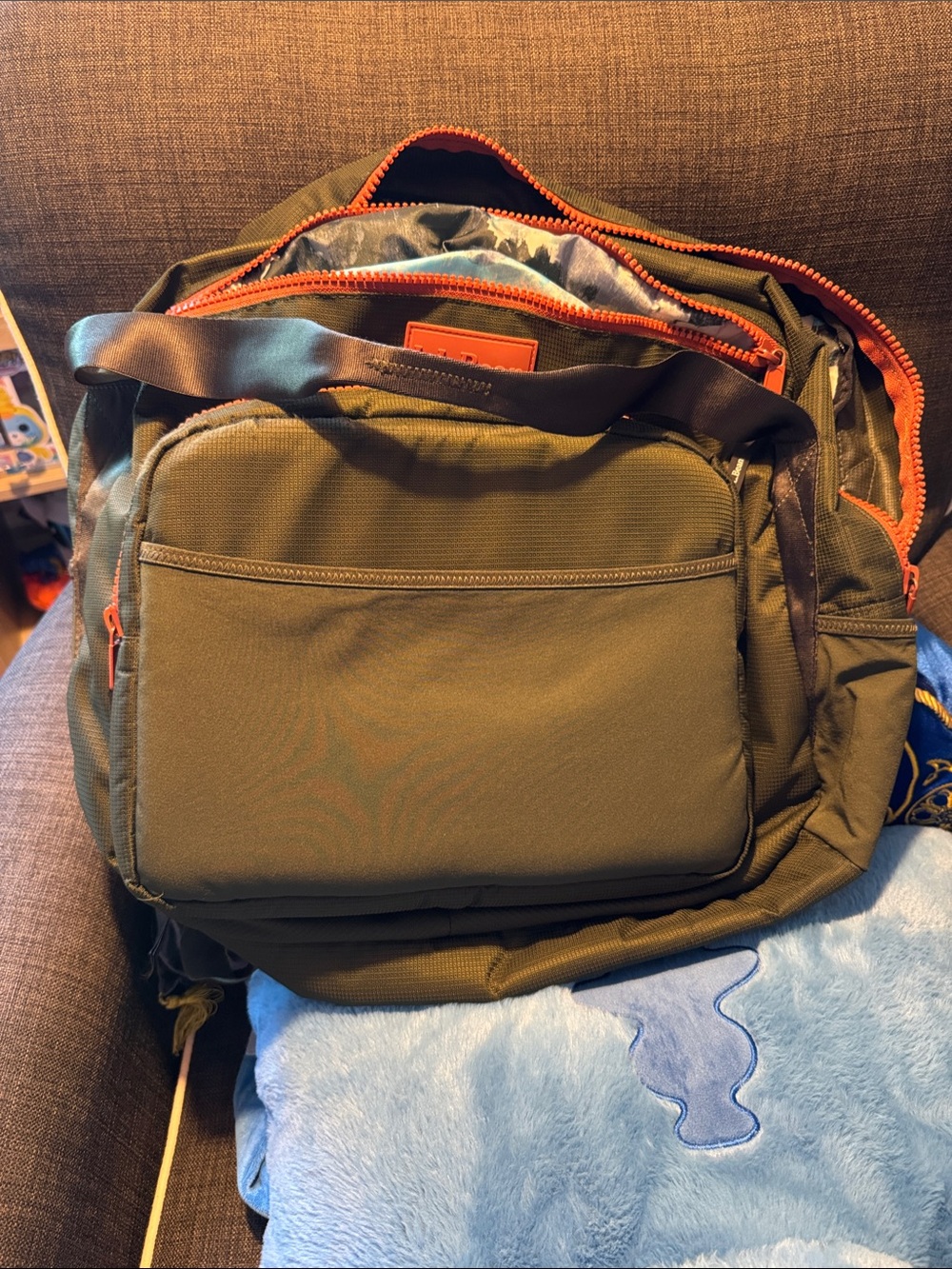 L.L. Bean Olive Green Backpack with Orange Trim